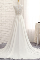Wedding Dress Gowns, Long A-line Appliques Lace Chiffon Wedding Dress with Slit