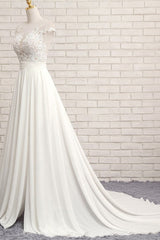 Wedding Dresses Gowns, Long A-line Appliques Lace Chiffon Wedding Dress with Slit