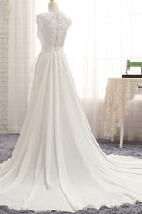 Wedding Dress Gown, Long A-line Appliques Lace Chiffon Wedding Dress with Slit