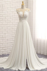 Wedding Dress Unique, Long A-line Appliques Lace Chiffon Wedding Dress with Slit
