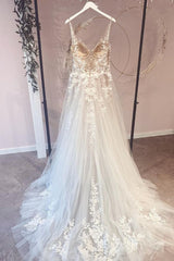 Wedding Dress Customization, Long A-Line Appliques Lace Spaghetti Straps Sweetheart Tulle Wedding Dresses
