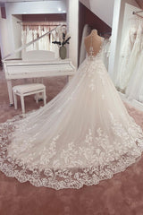 Wedding Dresses For Spring, Long A-Line Appliques Lace Sweetheart Tulle Wedding Dress