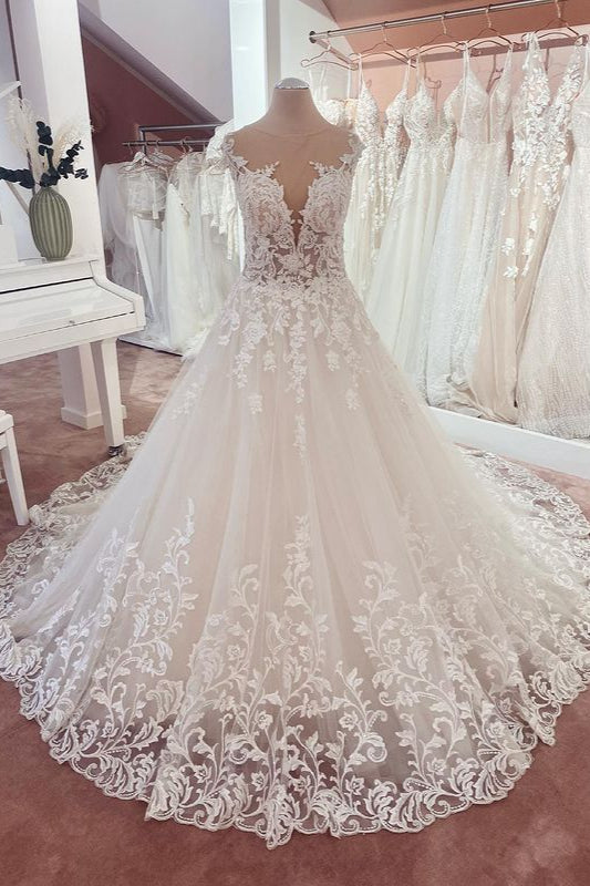 Wedding Dress Summer, Long A-Line Appliques Lace Sweetheart Tulle Wedding Dress