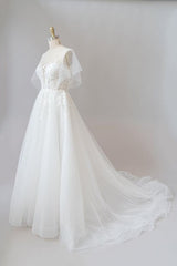 Wedding Dresses Dresses, Long A-line Appliques Lace Tulle Wedding Dress with Sleeves
