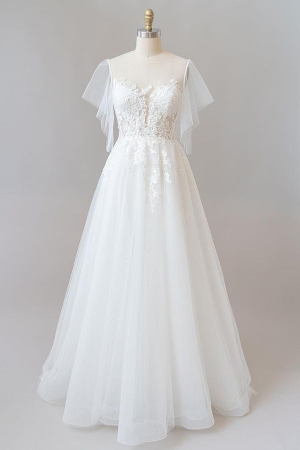 Wedding Dresses Elegant, Long A-line Appliques Lace Tulle Wedding Dress with Sleeves