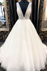 Wedding Dress Classy, Long A-Line Deep V Neck Tulle Wedding Dress