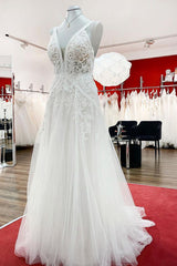 Wedding Dresses Modern, Long A-line Sleeveless Tulle Lace Appliques Open Back Wedding Dresses