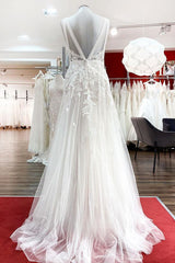 Wedding Dress Websites, Long A-line Sleeveless Tulle Lace Appliques Open Back Wedding Dresses