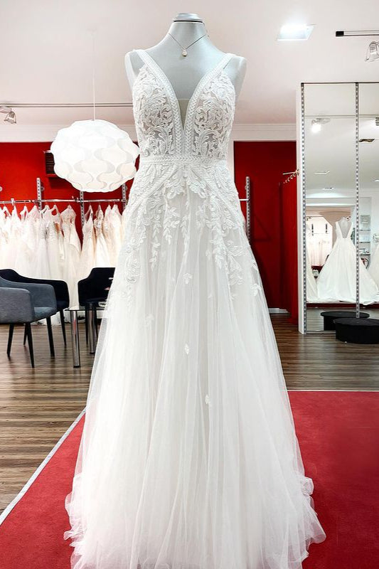 Wedding Dress Customization, Long A-line Sleeveless Tulle Lace Appliques Open Back Wedding Dresses