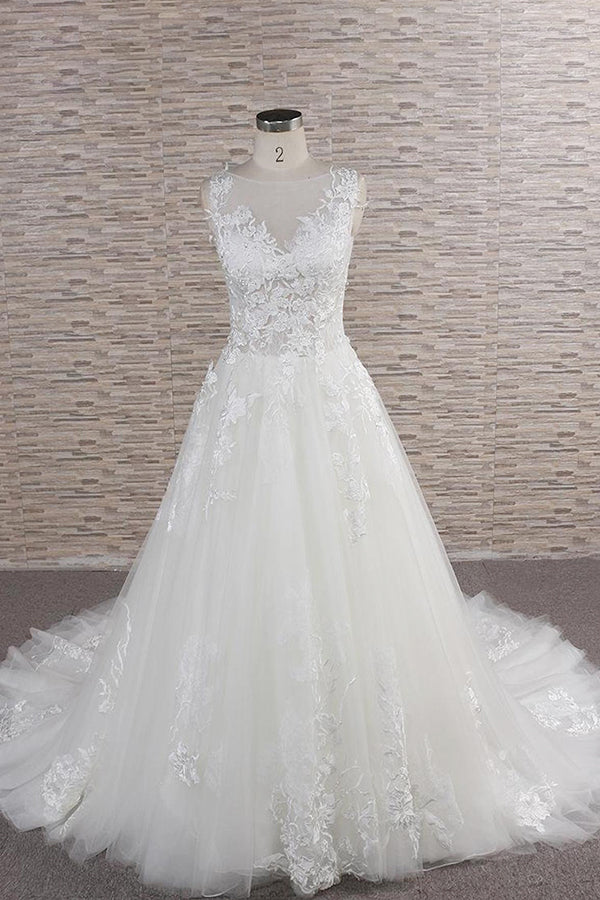 Wedding Dress For Large Bust, Long A-line Sweetheart Applqiues Lace Tulle Wedding Dress