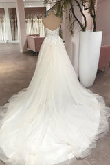 Wedding Dresses Elegant, Long A-Line Sweetheart Backless Tulle Appliques Lace Wedding Dress