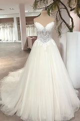 Wedding Dress 2026, Long A-Line Sweetheart Backless Tulle Appliques Lace Wedding Dress