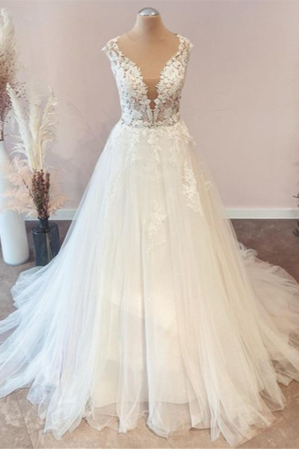 Wedding Dresses For Summer, Long A-Line Sweetheart Floral Lace Tulle Wedding Dress
