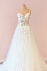 Wedding Dress A Line, Long A-Line Sweetheart Tulle Appliques Lace Wedding Dress