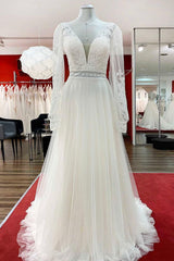 Wedding Dresses Tulle, Long A-line Sweetheart Tulle Beadings Lace Appliques Wedding Dresses With Sleeves