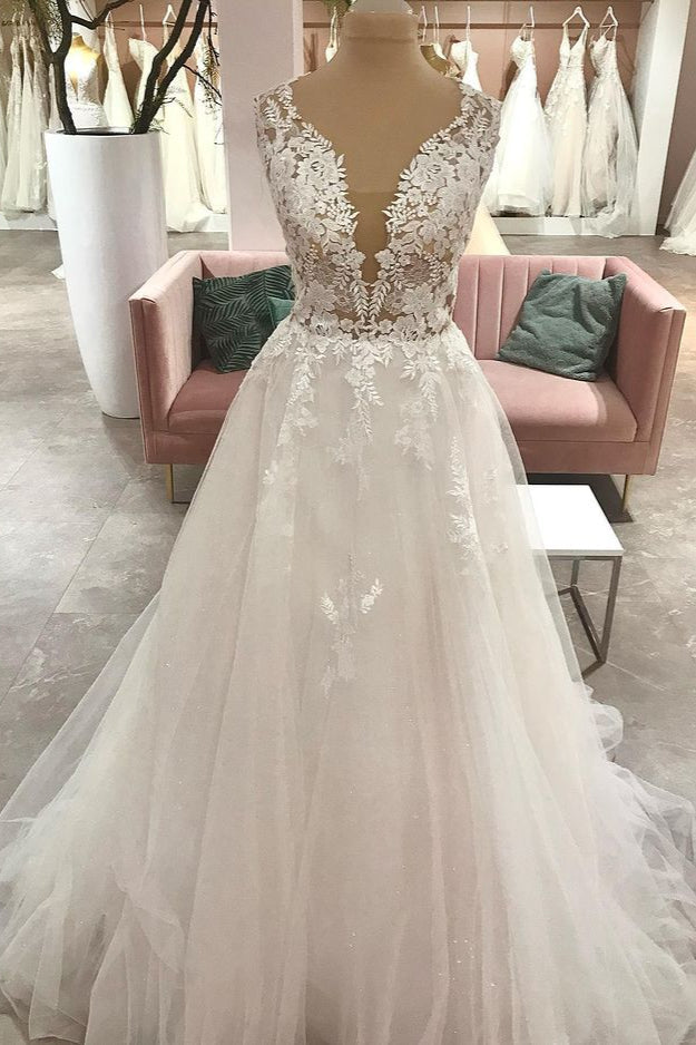 Wedding Dresses Dresses, Long A-Line Sweetheart Tulle Wedding Dress With Appliques Lace