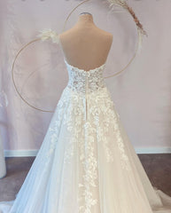 Wedding Dress Backless, Long A-line Sweetheart Tulle Wedding Dress with Lace