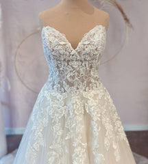 Wedding Dresses Backless, Long A-line Sweetheart Tulle Wedding Dress with Lace