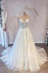 Wedding Dresses With Color, Long A-line Sweetheart Tulle Wedding Dress with Lace