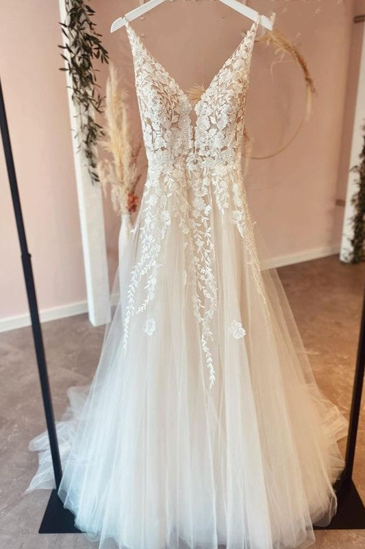 Wedding Dresses Under 204, Long A-Line Tulle Appliques Lace Spaghetti Straps V-neck Backless Wedding Dress