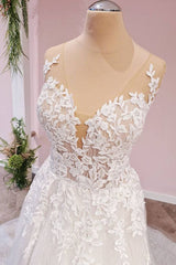 Wedding Dresses Under 504, Long A-Line Tulle Backless Appliques Lace Sweetheart Wedding Dress