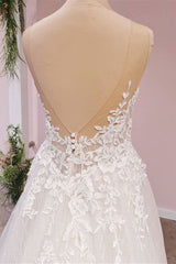 Wedding Dress Unique, Long A-Line Tulle Backless Appliques Lace Sweetheart Wedding Dress