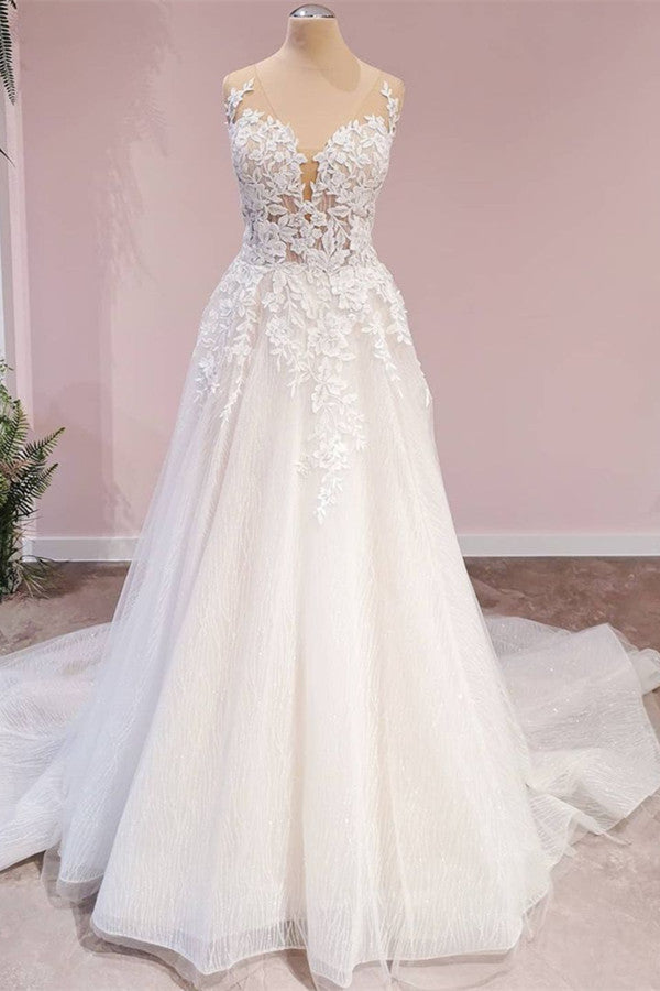 Wedding Dress Short, Long A-Line Tulle Backless Appliques Lace Sweetheart Wedding Dress