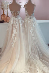 Wedding Dress White, Long A-Line Tulle Lace Appliques Backless Wedding Dress