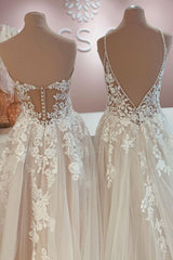 Wedding Dress Ballgown, Long A-Line Tulle Lace Appliques Backless Wedding Dress