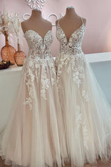 Wedding Dress Fall, Long A-Line Tulle Lace Appliques Backless Wedding Dress