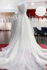 Wedding Dresses Simple Lace, Long A-line Tulle Sleevless Ruffles Jewel Wedding Dress With Lace Appliques