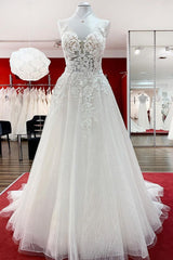 Wedding Dresses Bridesmaids, Long A-line Tulle Sleevless Ruffles Jewel Wedding Dress With Lace Appliques