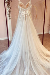 Wedding Dresses Backless, Long A-Line Tulle Sweetheart Appliques Lace Wedding Dress