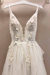 Wedding Dress For Big Bust, Long A-line Tulle V Neck Lace Applique Wedding Dress
