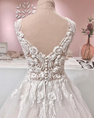Weddings Dress Lace, Long A-line V-neck Appliques Lace Backless Tulle Ruffles Wedding Dress