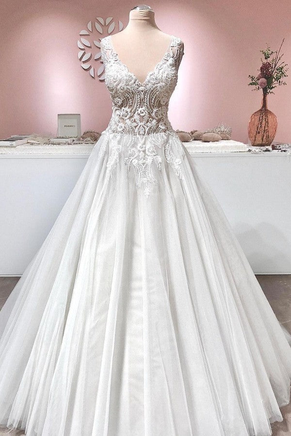 Wedding Dress Vintage Style, Long A-line V-neck Appliques Lace Backless Tulle Ruffles Wedding Dress