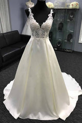 Wedding Dresses Classis, Long A-Line V Neck Halter Satin Wedding Dress