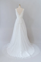 Wedding Dress Inspired, Long A-line V-neck Lace Tulle Backless Wedding Dress
