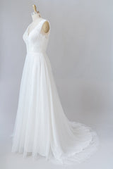 Wedding Dresses V Neck, Long A-line V-neck Lace Tulle Backless Wedding Dress