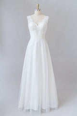 Wedding Dresses Inspiration, Long A-line V-neck Lace Tulle Backless Wedding Dress