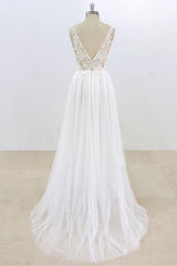 Wedding Dresses Sexy, Long A-line V-neck Lace Tulle Open Back Wedding Dress
