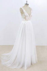 Wedding Dresses Tops, Long A-line V-neck Lace Tulle Open Back Wedding Dress