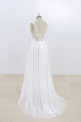 Wedding Dresses Top, Long A-line V-neck Lace Tulle Open Back Wedding Dress