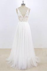 Wedding Dress Casual, Long A-line V-neck Lace Tulle Open Back Wedding Dress