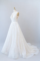 Wedding Dresses A Line Sleeves, Long A-line V-neck Open Back Appliques Lace Tulle Wedding Dress