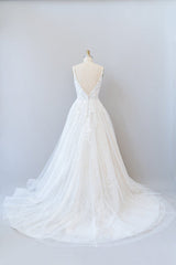 Wedding Dress Order Online, Long A-line V-neck Open Back Appliques Lace Tulle Wedding Dress