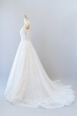 Wedding Dresses Lace Beach, Long A-line V-neck Open Back Appliques Lace Tulle Wedding Dress