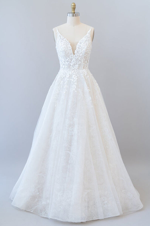 Wedding Dress A Line Sleeves, Long A-line V-neck Open Back Appliques Lace Tulle Wedding Dress