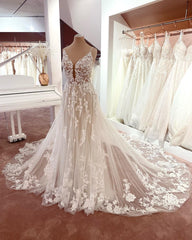 Wedding Dresse Unique, Long A-line V-neck Sleeveless Floral Lace Tulle Boho Wedding Dresses
