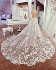 Wedding Dresses Gown, Long A-line V-neck Sleeveless Floral Lace Tulle Boho Wedding Dresses